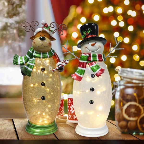 Crackle Glass Moose and Snowman Set with 40 LED Rice Lights, White