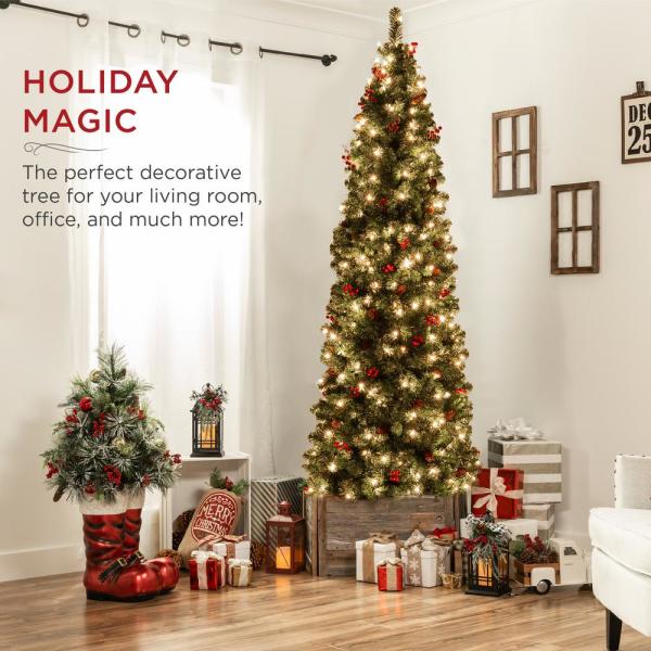 7.5 ft. Pre-Lit Incandescent Pencil Artificial Christmas Tree with 350 Warm White Lights, Pine Cones, Berries