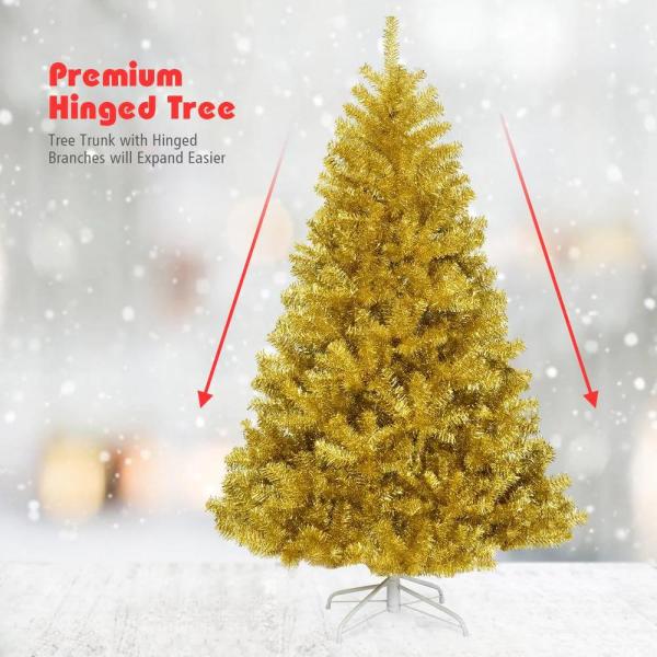 7.5 ft. Gold Unlit Full PVC Tinsel Hinged Artificial Christmas Tree with Solid Metal Stand