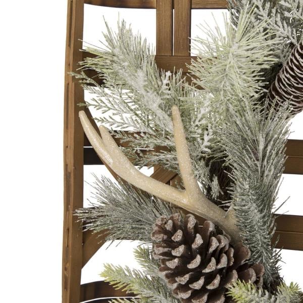 24 in. Dia Flocked Pinecone and Antler Wreath with Bamboo Tobacco Basket