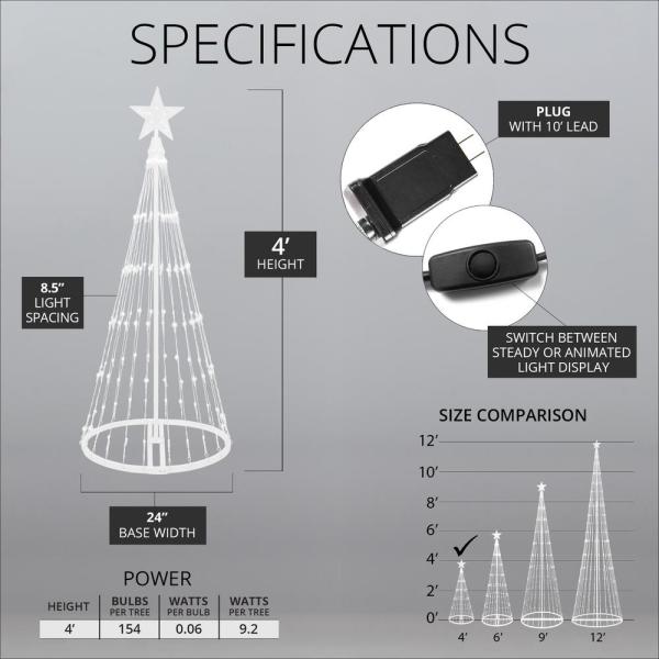 48 in. Christmas Cool White LED Animated Lightshow Cone Tree with 154 Lights and Star Topper