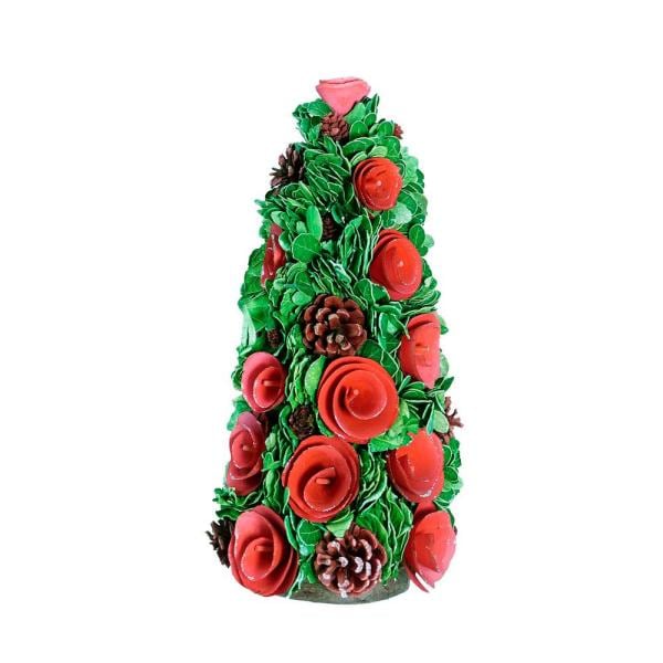 15.75 in. Red Wood Rose Flower and Pine Cones Christmas Cone Tree Decoration
