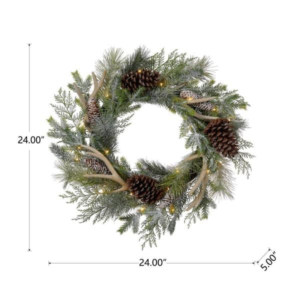 24 in. D Flocked Pinecone and Antler Artificial Christmas Wreath With Lights