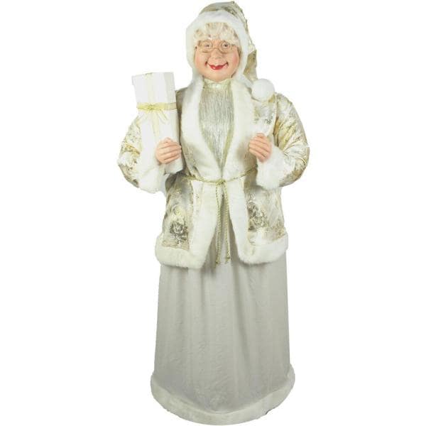 5 ft. Christmas Standing Mrs. Claus Holding a Gift and Wearing a Gold Brocade Jacket with Fur Trim