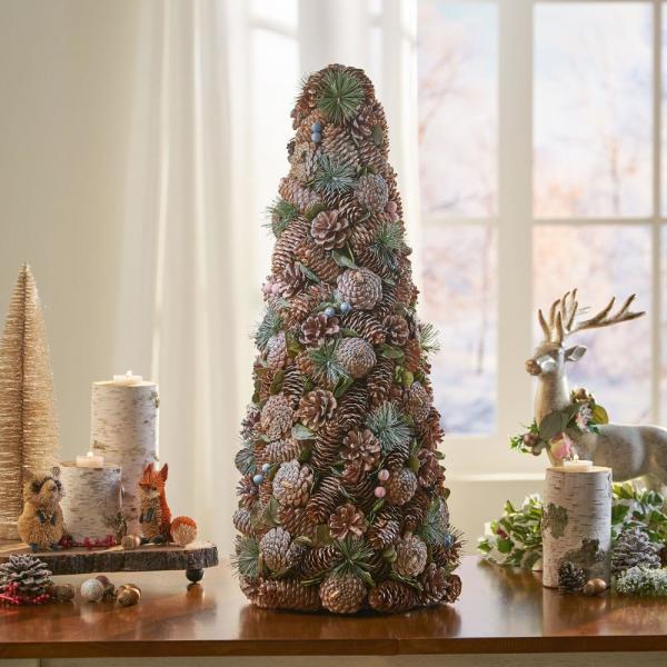 2.2 ft. Natural Brown and White Unlit Pre-Decorated Pine Cone and Glitter Artificial Tabletop Christmas Tree