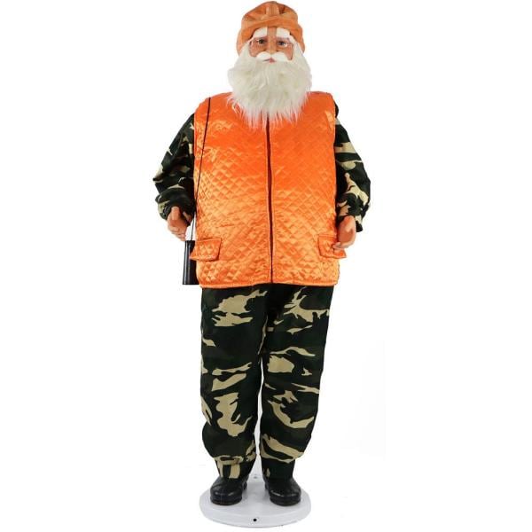 58 in. Christmas Dancing Camo Santa in Orange Vest and Cap with Binoculars