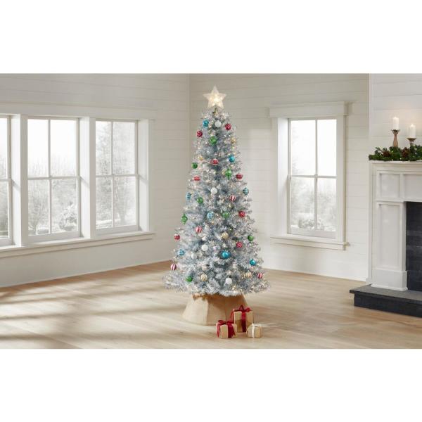 7 ft Shimmery Tinsel Silver Iridescent Spruce LED Pre-Lit Artificial Christmas Tree with 300 Warm White Mini Lights