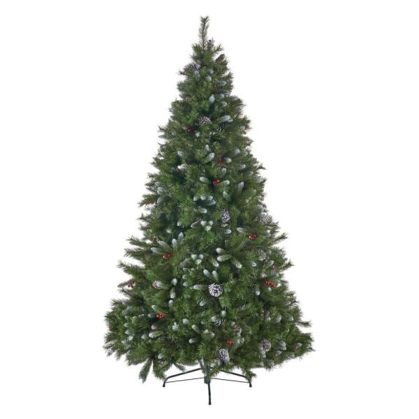 9 ft. Unlit Mixed Spruce Hinged Artificial Christmas Tree with Frosted Branches, Berries and Pinecones
