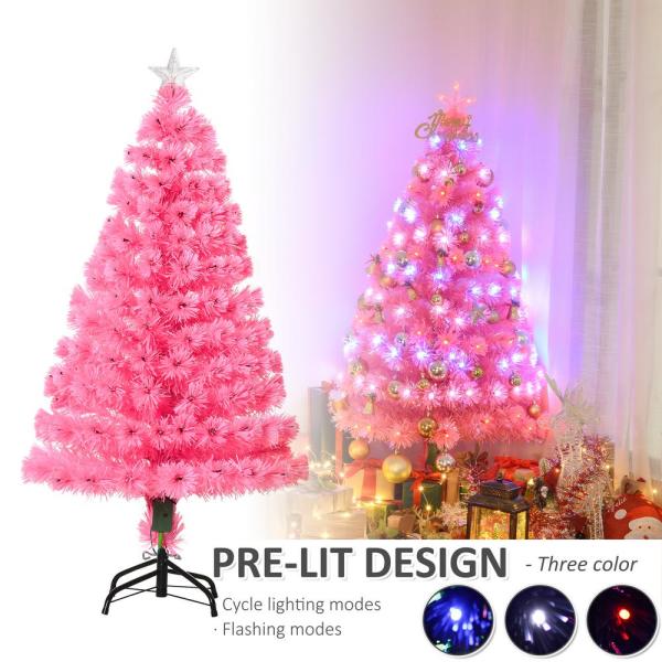 4 ft. Pink Pre-Lit Full Pine Artificial Christmas Tree with 130 Tips, 130 User-Changeable Lights, and Fiber Optic Lights