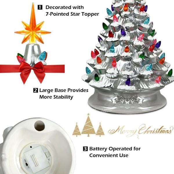 15 in. Silver Ceramic Artificial Christmas Tree Tabletop Luminous Tree