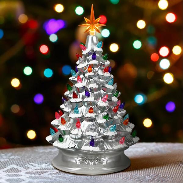 15 in. Silver Ceramic Artificial Christmas Tree Tabletop Luminous Tree