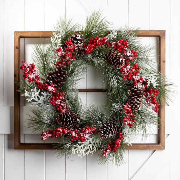 24 in. Unlit Flocked Pinecone and Berry Wreath with Wooden Window Frame