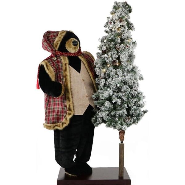60 in. Christmas Animated Black Bear with Flocked Christmas Tree On Base