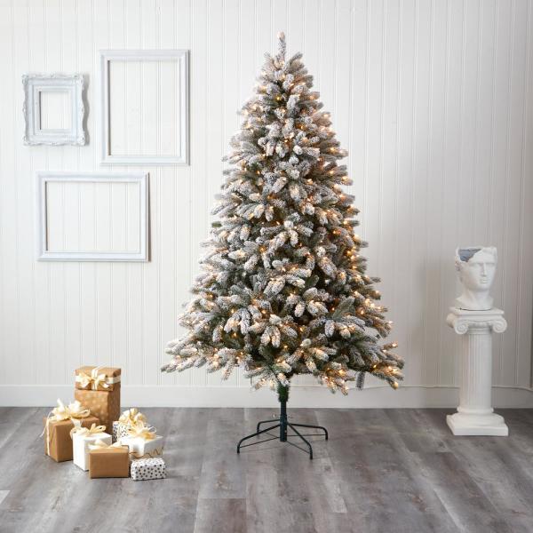 7.5 ft. Pre-Lit Flocked South Carolina Spruce Artificial Christmas Tree with 600 Clear Lights