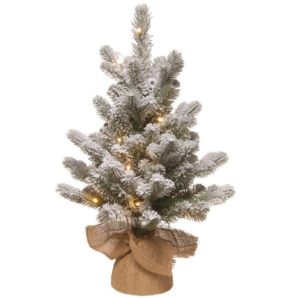 2 ft. Feel Real Snowy Sheffield Spruce Burlap Tree with 15 Warm White Battery Operated LED Lights with Timer