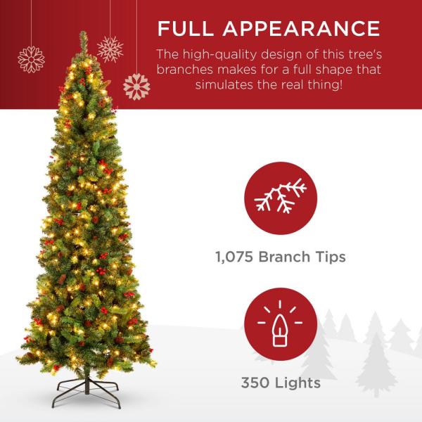 7.5 ft. Pre-Lit Incandescent Pencil Artificial Christmas Tree with 350 Warm White Lights, Pine Cones, Berries