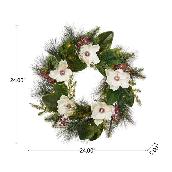 24 in. D Iced Magnolia Berry Pine Artificial Christmas Wreath With Lights