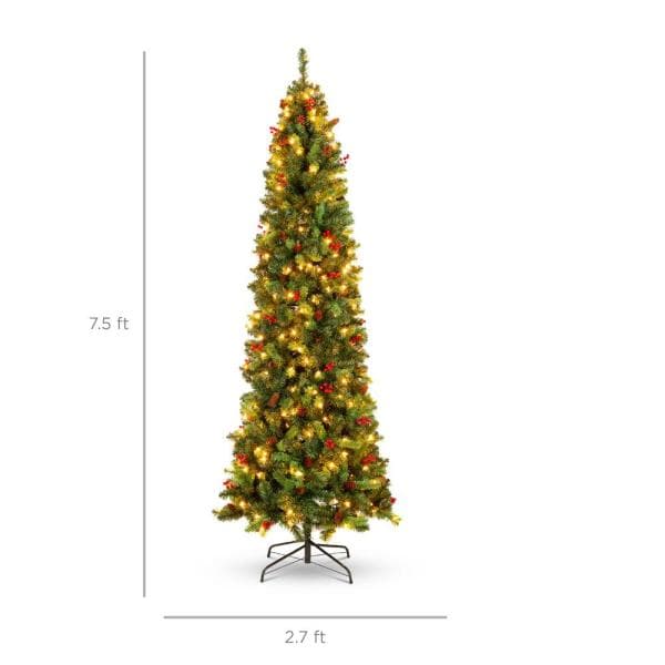 7.5 ft. Pre-Lit Incandescent Pencil Artificial Christmas Tree with 350 Warm White Lights, Pine Cones, Berries