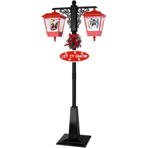 71 in. Double Musical Lamp Post with 2 Red Lanterns and Snow Function