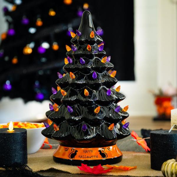 15 in. Pre-Lit Incandescent Ceramic Tabletop Halloween Artificial Christmas Tree with 57 Purple and Orange Lights