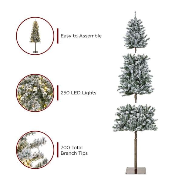 6 ft. Pre-Lit LED Flocked Pencil Alpine Artificial Christmas Tree with 250 Warm White Lights