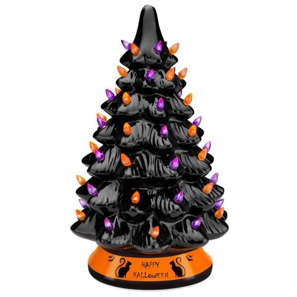 15 in. Pre-Lit Incandescent Ceramic Tabletop Halloween Artificial Christmas Tree with 57 Purple and Orange Lights