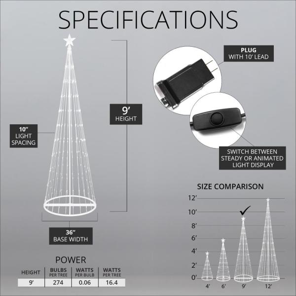 108 in. Christmas Cool White LED Animated Lightshow Cone Tree with 274 Lights and Star Topper