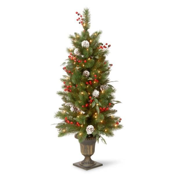 4 ft. Frosted Pine Berry Collection Entrance Tree with Cones, Red Berries, Silver Glittered Eucalyptus Leaves