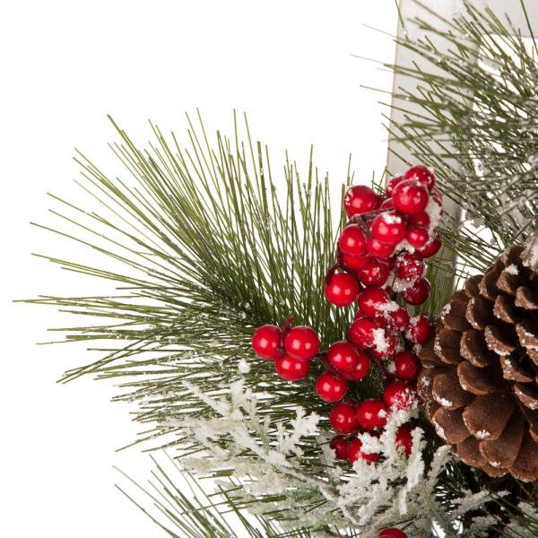 24 in. Dia Flocked Pinecone and Berry Wreath with Wooden Window Frame