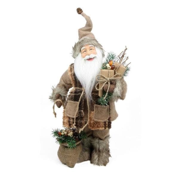 24 in. Rustic Lodge Standing Santa Claus in Camel Brown Checkered Scarf with Gifts Christmas Figure