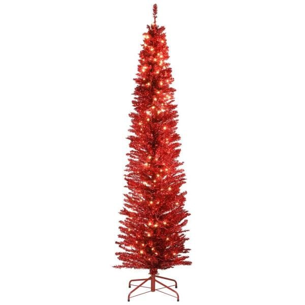 7 ft. Red Tinsel Tree with Metal Stand and 210 Clear Lights