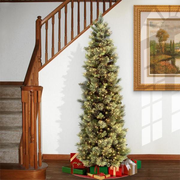 7 ft. Carolina Pine Slim Tree with Flocked Cones and Clear Lights