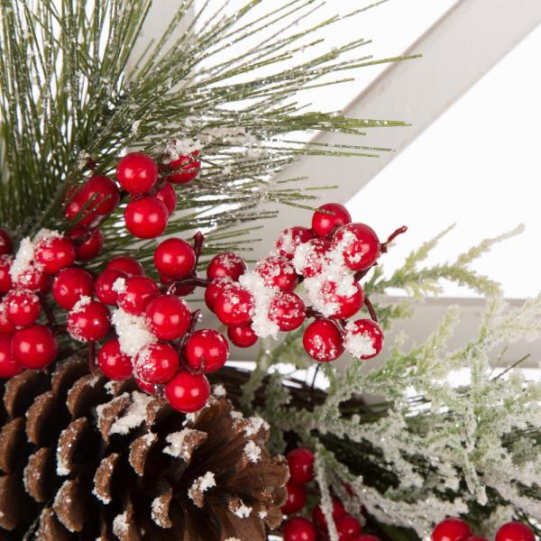 24 in. Dia Flocked Pinecone and Berry Wreath with Wooden Window Frame