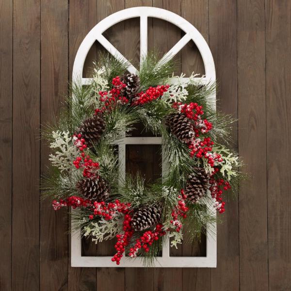 24 in. Dia Flocked Pinecone and Berry Wreath with Wooden Window Frame
