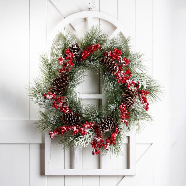 24 in. Dia Flocked Pinecone and Berry Wreath with Wooden Window Frame
