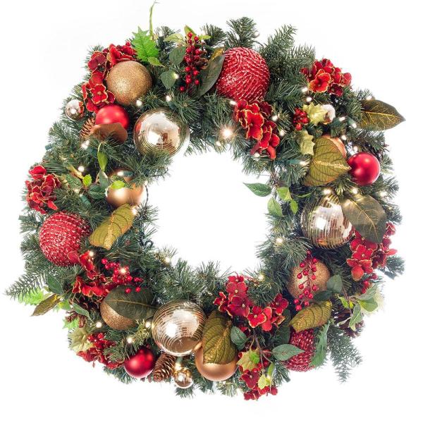 30 in. Pre-Lit LED Scarlet Hydrangea Wreath