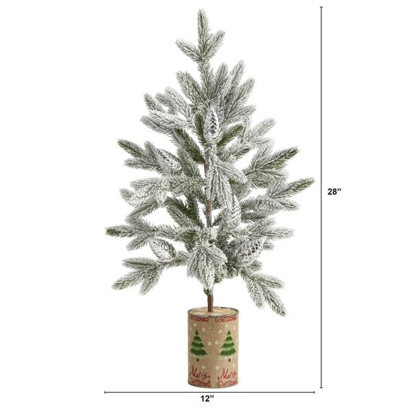 28 in. Flocked Christmas Artificial Tree in Decorative Planter