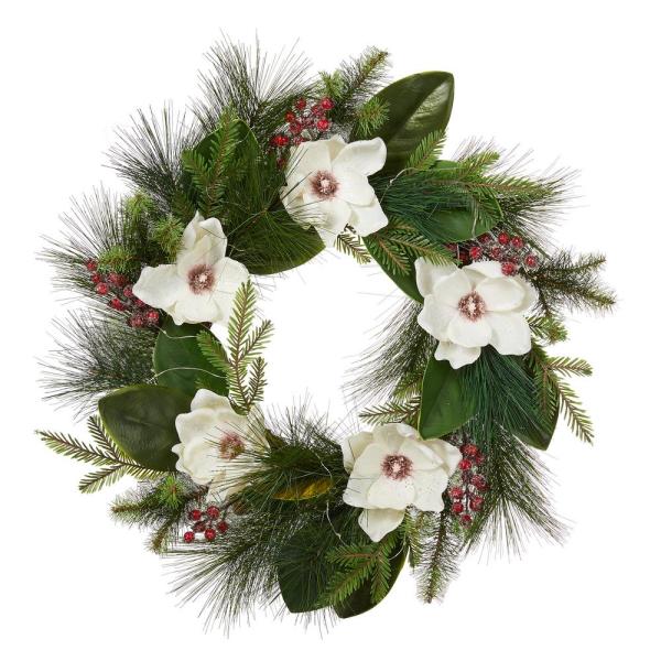 24 in. D Iced Magnolia Berry Pine Artificial Christmas Wreath With Lights