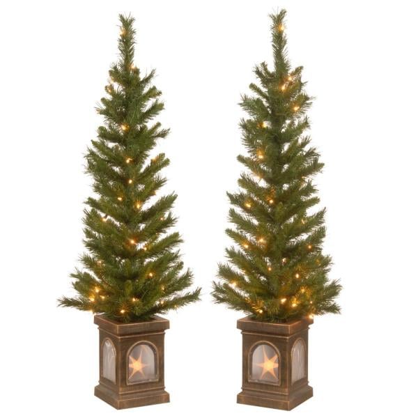 4 ft. Lehigh Valley Pine Entrance Tree in a Dark Bronze Urn with 50 Clear Lights (Set of 2)