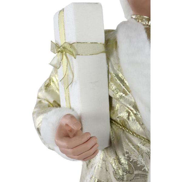 5 ft. Christmas Standing Mrs. Claus Holding a Gift and Wearing a Gold Brocade Jacket with Fur Trim