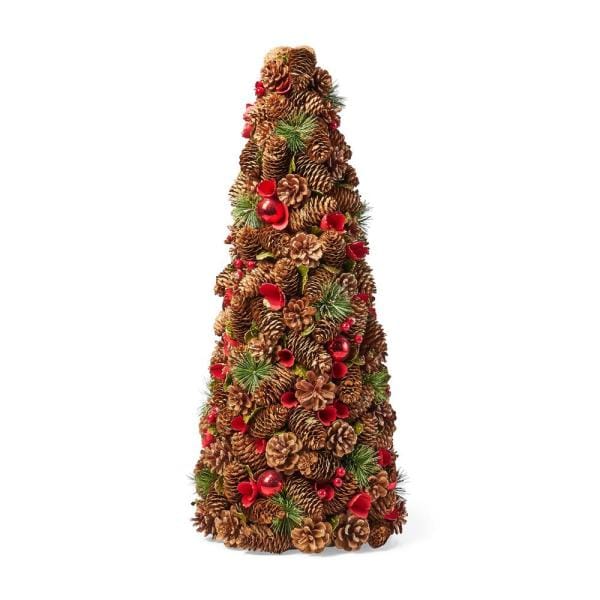 2.2 ft. Natural Brown and Red Unlit Pre-Decorated Pine Cone and Glitter Artificial Tabletop Christmas Tree