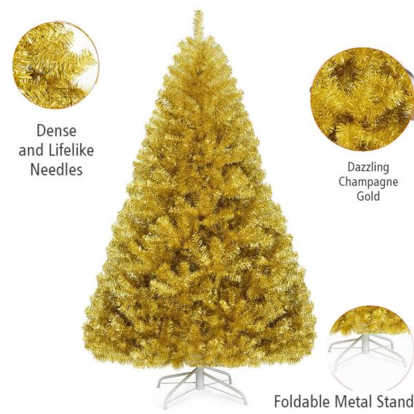 7.5 ft. Gold Unlit Full PVC Tinsel Hinged Artificial Christmas Tree with Solid Metal Stand