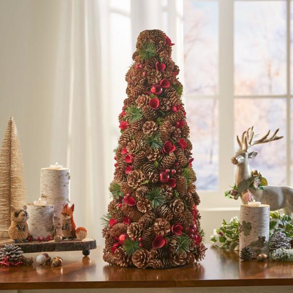 2.2 ft. Natural Brown and Red Unlit Pre-Decorated Pine Cone and Glitter Artificial Tabletop Christmas Tree