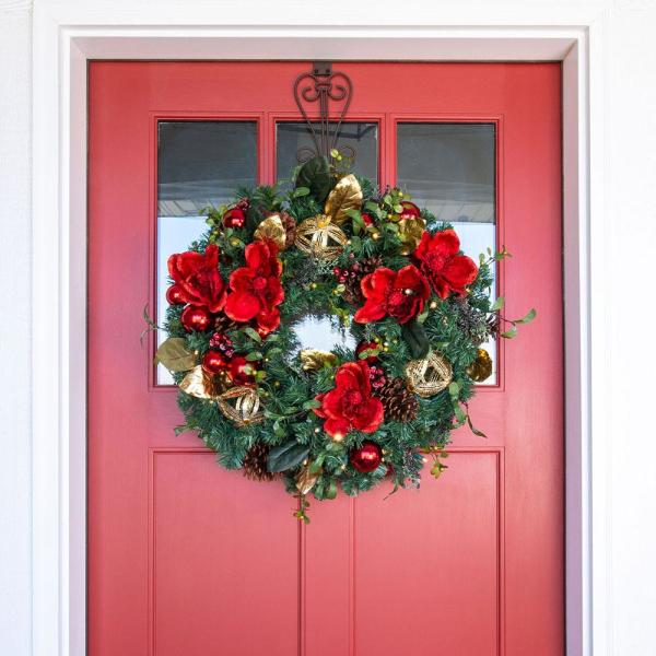30 in. Pre-Lit LED Red Magnolia Wreath