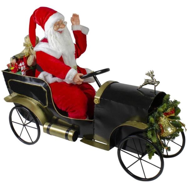 24 in. Santa Delivering Presents in a Black and Gold Vintage Car Christmas Decoration