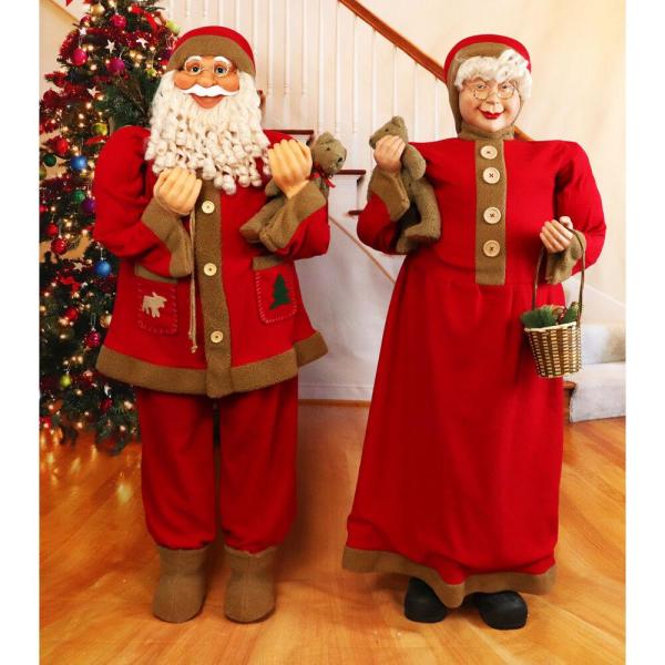5 ft. Christmas Standing Santa Holding Bear and Gift Sack Wearing Red Plush Suit with Sherpa Trim
