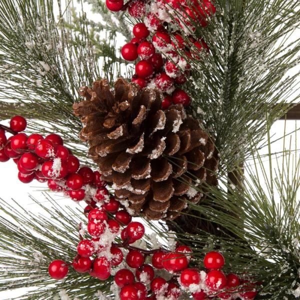 24 in. Unlit Flocked Pinecone and Berry Wreath with Wooden Window Frame