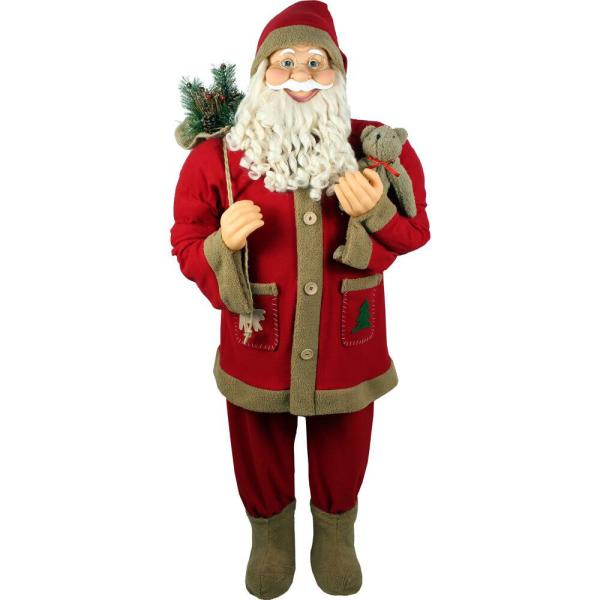 5 ft. Christmas Standing Santa Holding Bear and Gift Sack Wearing Red Plush Suit with Sherpa Trim