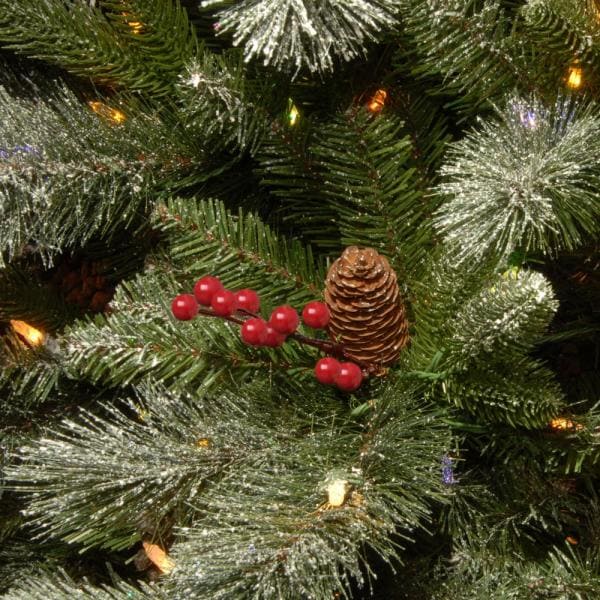 7-1/2 ft. Feel Real Snowy Bristle Berry Hinged Tree with Red Berries, Mixed Cones and 700 Dual Color LED Lights and Pow