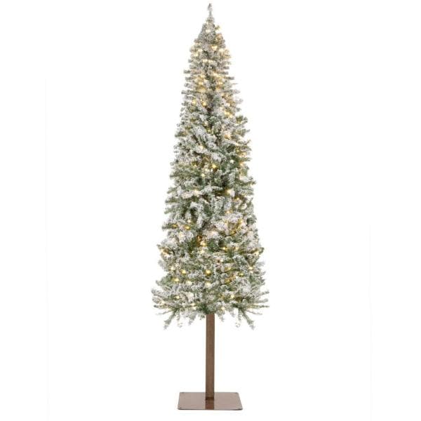 6 ft. Pre-Lit LED Flocked Pencil Alpine Artificial Christmas Tree with 250 Warm White Lights
